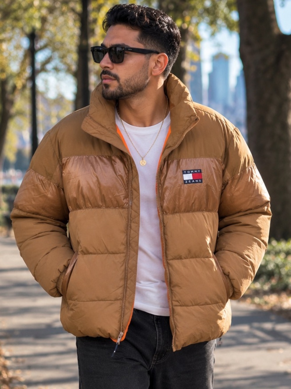 Tommy Hilfiger Tan Puffer Jacket with Orange Lining